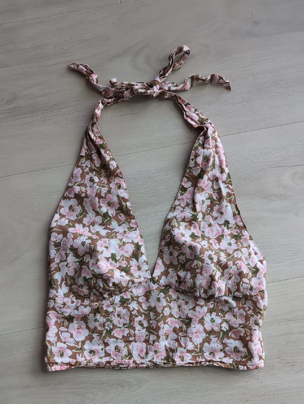 Abound Pink & Brown Floral Y2K Halter Crop